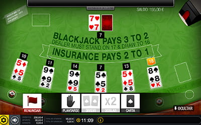 Tapete con las cartas del juego de blackjack multihand del casino Circus