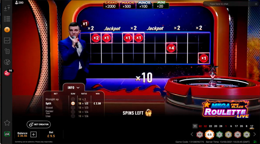 Ruleta Mega Fire Blaze en un casino online en vivo en España.