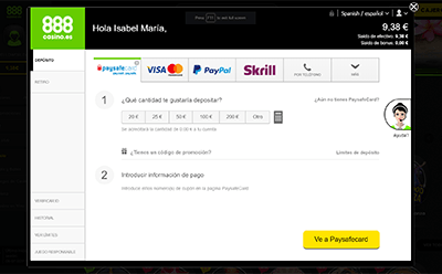 Seleccionar la cantidad a depositar con paysafecard desde la página web del casino