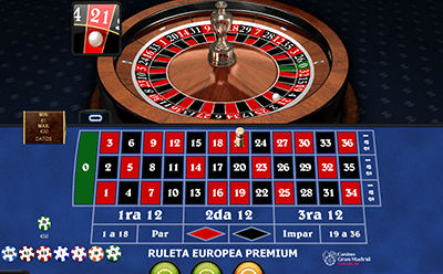 Mesa de ruleta Europea Premium con número ganador y vista central del tapete.
