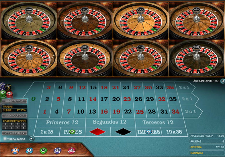 Vista de la mesa de ruleta Múltiple en modo demo gratuito con dinero ficticio.