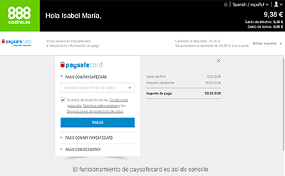 Panel en el que se puede introducir el código PIN de 16 dígitos para así realizar el deposito con paysafecard