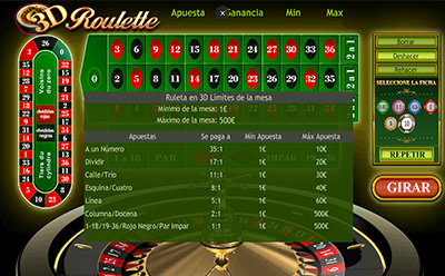 Mesa de la ruleta 3d con los límites de apuestas y los pagos.