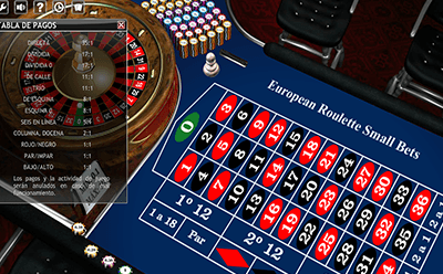 La tabla de pagos de la ruleta European Roulette Small Bets con la rueda y el tapete.